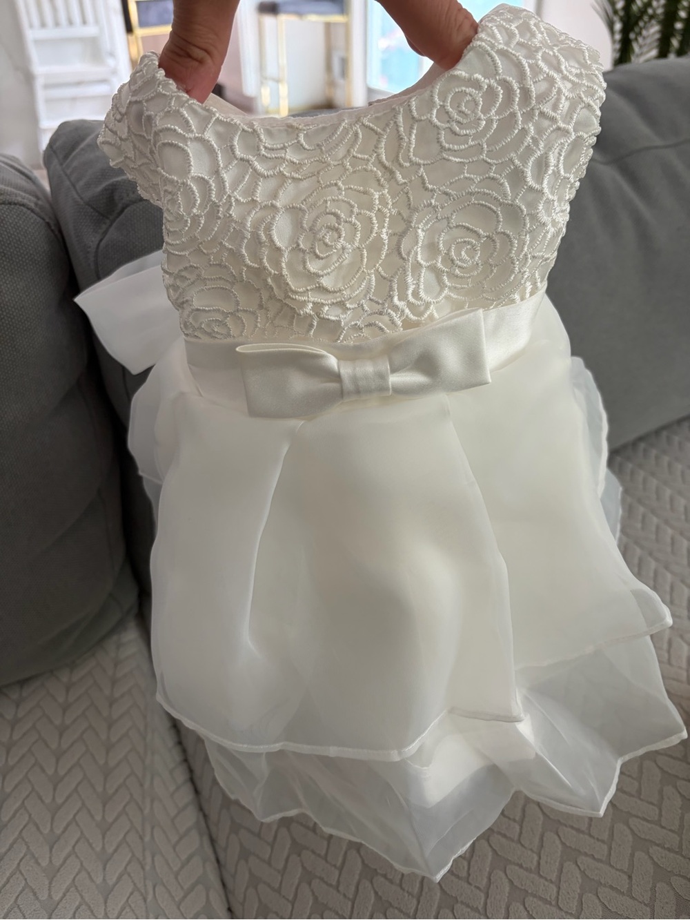 Ivory Floral Lace & Organza Bow Dress